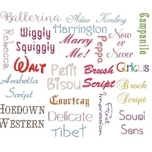 May include: A word cloud of various font names in different colors, including pink, blue, green, yellow, and brown. The words include "Ballerina", "Wiggly", "Squiggly", "WALT", "Petit", "Bisou", "Script", "Hoedown", "Western", "Delicate", "Tibet", "Adine", "Kirnberg", "Harrington", "Now", "Marry", "Peppa", "Me", "Brush", "Girkus", "Brock", "Courtray", "Impression", "First", "Souei", "Sans", and "Campanile".