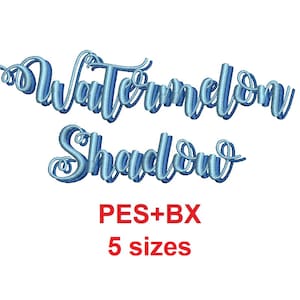 Pode incluir: Design de bordado Watermelon Shadow em azul com o texto PES+BX 5 tamanhos.