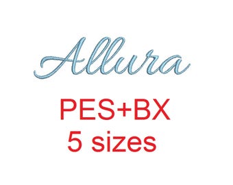 Allura Script embroidery font formats bx (which converts to 17 machine formats), + pes, Sizes 0.25 (1/4), 0.50 (1/2), 1, 1.5 and 2"