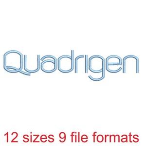 May include: A blue embroidered design of the word "Quadrigen" in a modern font style. The design is available in 12 sizes and 9 file formats.