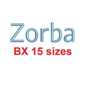 Puede incluir: Un diseño de bordado azul claro de la palabra "Zorba" en una fuente simple. El texto "BX 15 tamaños" está escrito en rojo debajo de la palabra.