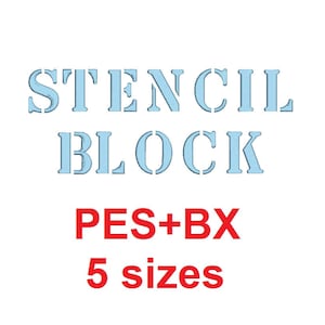 May include: Stencil Block with the text "PES+BX" and "5 sizes" in red. The words "Stencil Block" are in light blue.