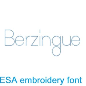 May include: A blue outline of the word "Berzingue" in a modern font style. The text is labeled as an "ESA embroidery font".