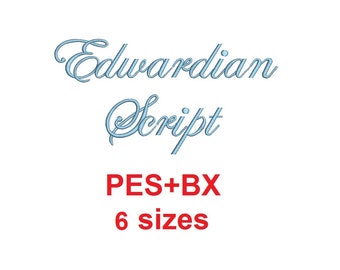 Edwardian embroidery font formats bx (which converts to 17 machine formats), + pes, Sizes 0.25 (1/4), 0.50 (1/2), 0.75 (3/4), 1, 1.5 and 2"