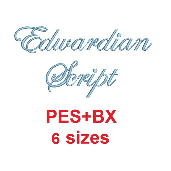 Edwardian embroidery font formats bx (which converts to 17 machine formats), + pes, Sizes 0.25 (1/4), 0.50 (1/2), 0.75 (3/4), 1, 1.5 and 2"