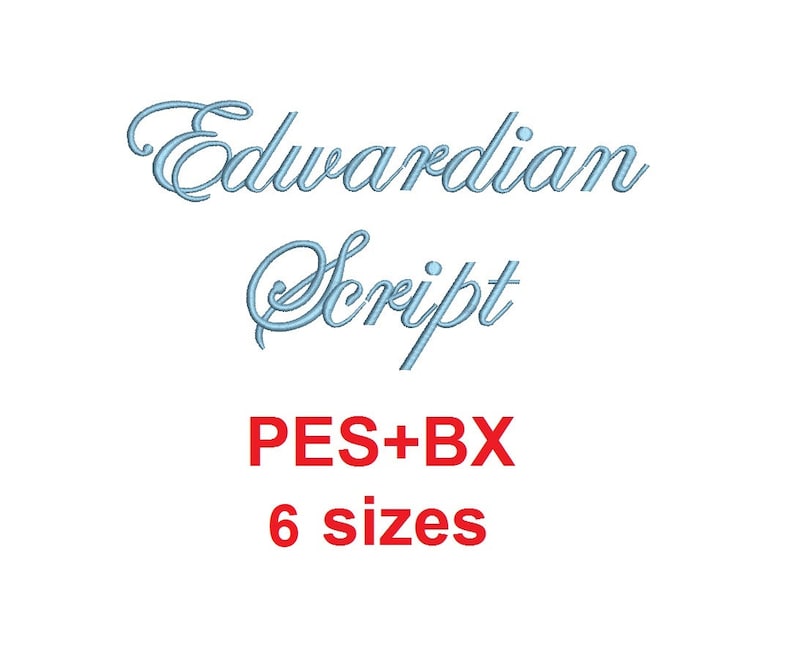 May include: Edwardian Script embroidery design in blue, available in 6 sizes. PES+BX file formats.