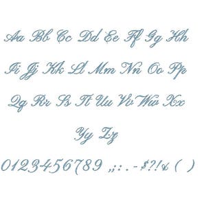 May include: A handwritten alphabet in a cursive font, with uppercase letters, lowercase letters, and numbers. The letters are in blue and the numbers are in black.