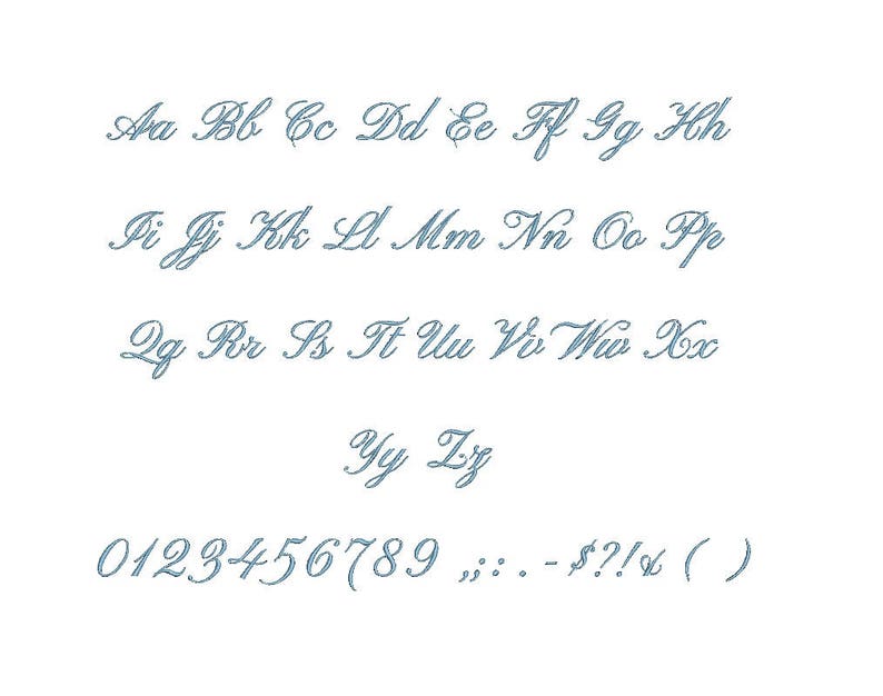 May include: A handwritten alphabet in a cursive font, with uppercase letters, lowercase letters, and numbers. The letters are in blue and the numbers are in black.