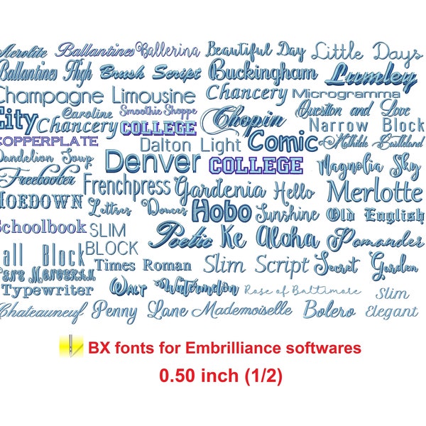 Package 50 BX Shadow and Outline 0.50" (1/2) embroidery fonts - Try first, purchase after!