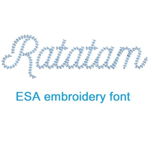 Könnte beinhalten: Das Wort "Rotatan" ist in einer blauen Stickerei-Schriftart geschrieben. Der Text "ESA embroidery font" befindet sich unter dem Wort.
