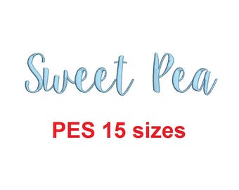 Sweet Pea embroidery font PES format 15 Sizes 0.25 (1/4), 0.5 (1/2), 1, 1.5, 2, 2.5, 3, 3.5, 4, 4.5, 5, 5.5, 6, 6.5, and 7 inches