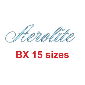 May include: A blue cursive font spelling "Aerolite" with the text "BX 15 sizes" in red below.