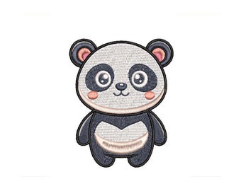 Puede incluir: Un lindo panda de dibujos animados con pelaje negro, cara blanca y mejillas rosadas. El panda tiene grandes ojos negros y una pequeña nariz negra.