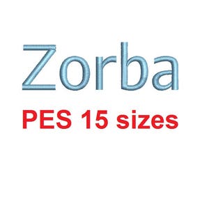 Puede incluir: Diseño de bordado azul de la palabra "Zorba" en 15 tamaños diferentes, en formato PES.