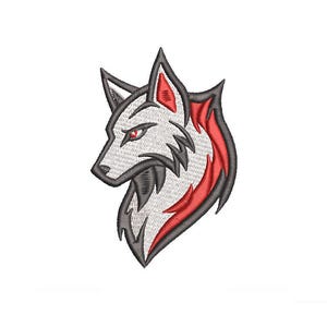 May include: A stylized embroidered design of a wolf's head with red and gray fur. The wolf has a fierce expression with red eyes.