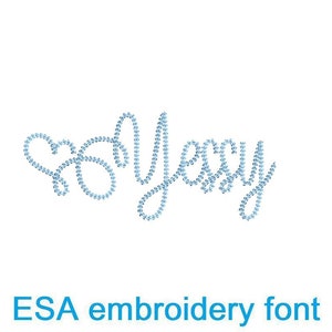 May include: A blue embroidered font design that says "Happy" with a stylized heart in front of the word. The font is called "ESA embroidery font".