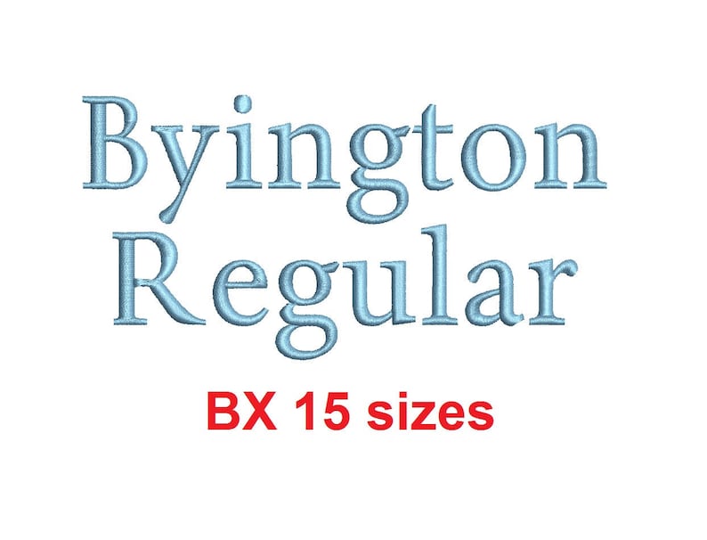 Puede incluir: Un gr&aacute;fico de texto azul que dice "Byington Regular BX 15 tama&ntilde;os".