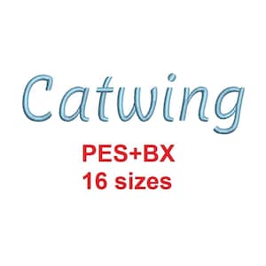 Könnte beinhalten: Das Wort "Catwing" in hellblauer Schrift wird prominent angezeigt. Darunter steht der Text "PES+BX" in Rot, gefolgt von "16 Größen". Der Hintergrund ist schlicht weiß.