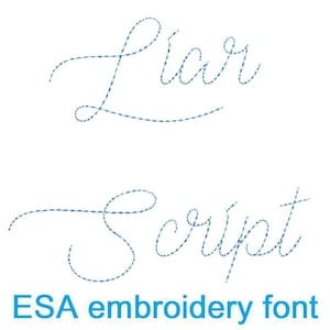 Może przedstawiać: Projekt czcionki do haftu w kolorze niebieskim i białym, który mówi "Liar Script" z tekstem "ESA embroidery font" poniżej.