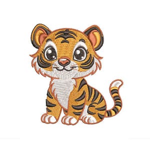 以下が含まれることがあります： 大きな目をした、かわいいオレンジと黒の虎の漫画イラスト。虎は尻尾を後ろに巻いて座っています。