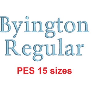 Könnte beinhalten: Eine blaue Textgrafik mit der Aufschrift "Byington Regular PES 15 Größen".