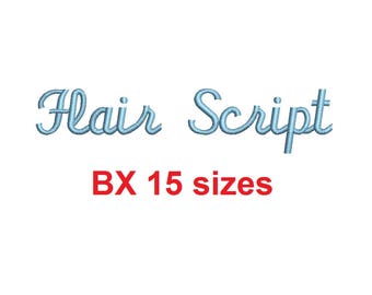 Flair Script embroidery BX font Sizes 0.25 (1/4), 0.50 (1/2), 1, 1.5, 2, 2.5, 3, 3.5, 4, 4.5, 5, 5.5, 6, 6.5, and 7 inches