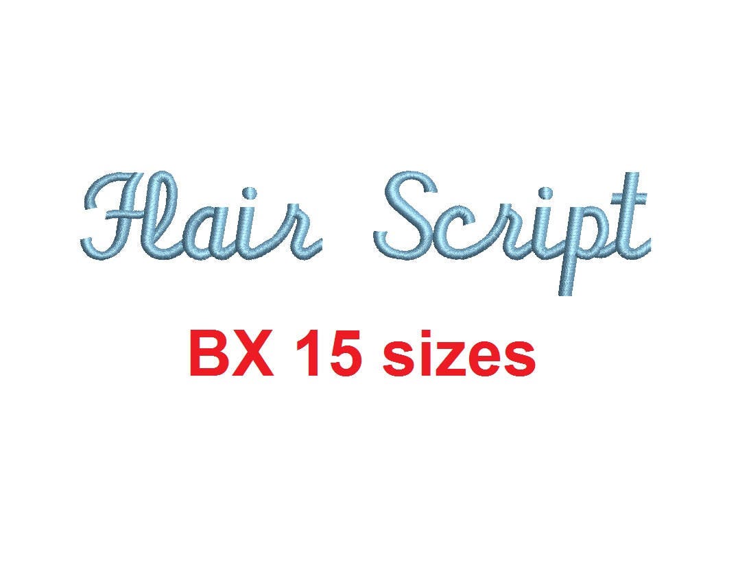 Flair Script embroidery BX font Sizes 0.25 (1/4), 0.50 (1… embroidery font sample