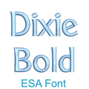 Może przedstawiać: Niebieski haft z napisem "Dixie Bold" i tekstem "ESA Font" poniżej.