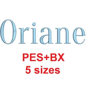 Oriane embroidery font formats bx (which converts to 17 machine formats), + pes, Sizes 0.25 (1/4), 0.50 (1/2), 1, 1.5 and 2&quot;
