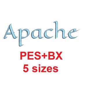 May include: A light blue embroidery design of the word "Apache" in a cursive font. The text "PES+BX 5 sizes" is also included in red.