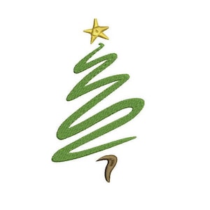 Puede incluir: Un diseño simple de árbol de Navidad verde con una estrella amarilla en la parte superior. El árbol está hecho de una sola línea que se curva y se retuerce para crear la forma de un árbol.