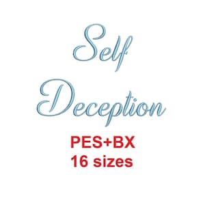 Puede incluir: Un diseño de bordado digital de la frase "Self Deception" en una fuente cursiva azul claro. El texto "PES+BX 16 tamaños" también está incluido en rojo.