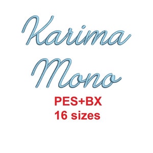 May include: A blue embroidered design of the names "Karima" and "Momo" in a cursive font. The text "PES+BX 16 sizes" is written in red below the names.