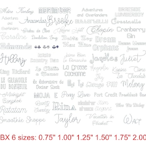May include: A collection of embroidered text designs in various fonts and styles, including names and phrases like "Brooke" and "Vacation in Phuket." Sizes range from 0.75" to 2.00" in height.