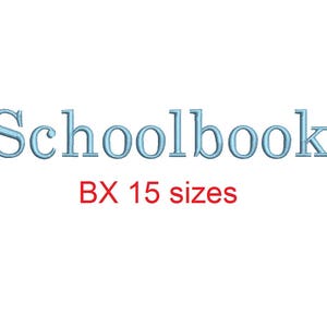 May include: Blue text that reads "Schoolbook" with the text "BX 15 sizes" in red below.
