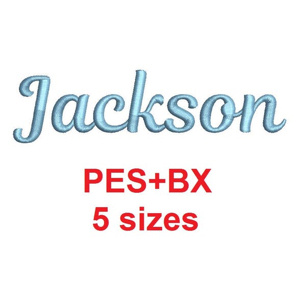Jackson Script embroidery font formats bx (which converts to 17 machine formats), + pes, Sizes 0.25 (1/4), 0.50 (1/2), 1, 1.5 and 2"