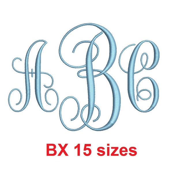 Vine Monogram embroidery BX font Satin Stitches 15 Sizes 0.25 (1/4) up to 7 inches