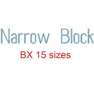 May include: Text that reads "Narrow Block" in light blue with the text "BX 15 sizes" in red below.