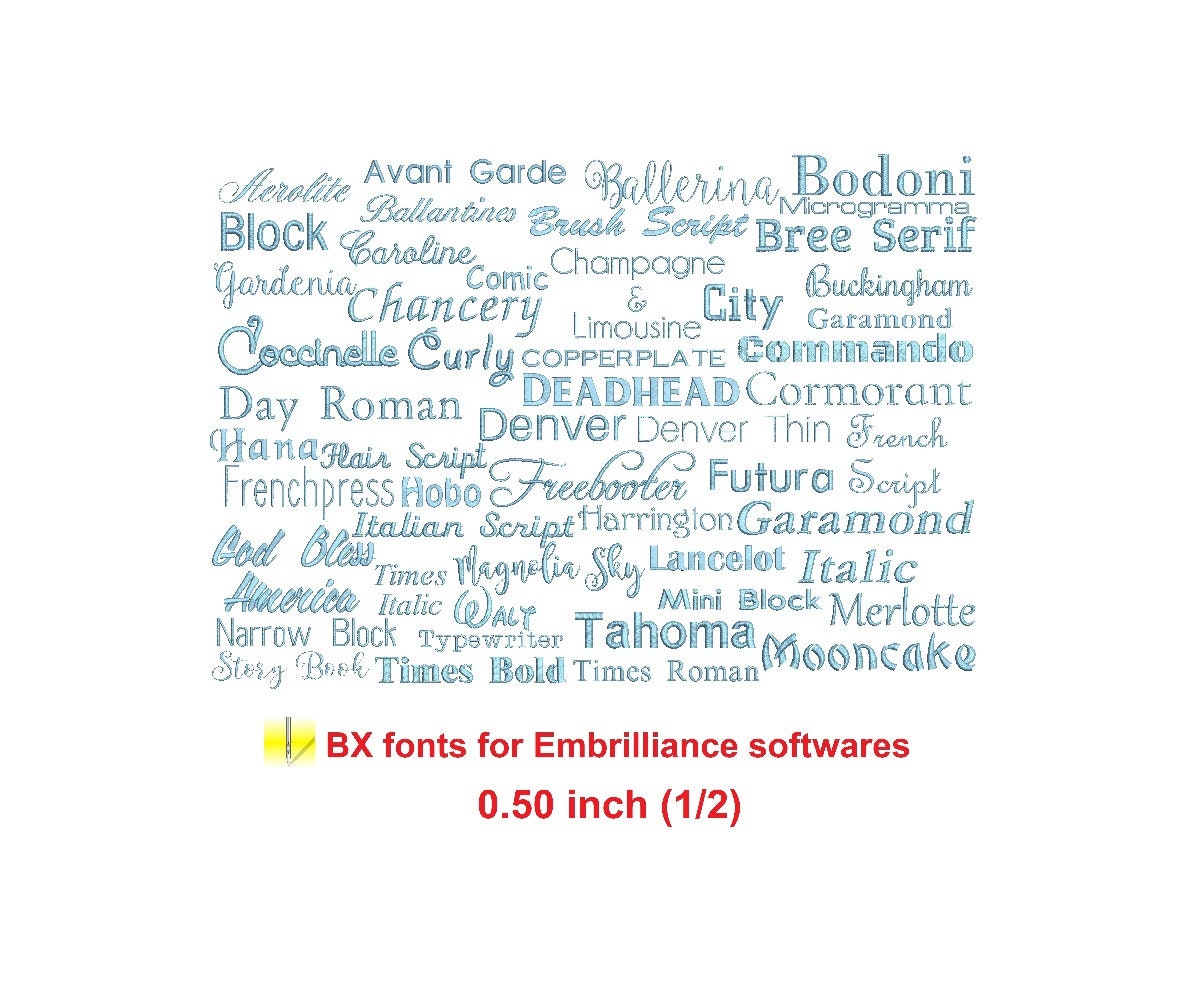 Package 50 small BX 0.50" (1/2) embroidery fonts - Try fi… embroidery font sample