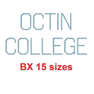 May include: Embroidered design of "OCTIN COLLEGE" in a light blue color with a white outline. The text "BX 15 sizes" is written in red below the college name.