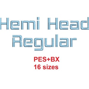 Może przedstawiać: Czcionka Hemi Head Regular w jasnoniebieskim kolorze z pogrubionym, obwiedzionym stylem. PES+BX 16 rozmiarów.