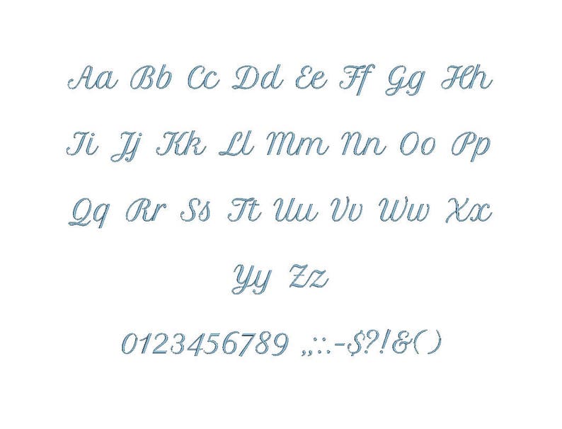 May include: A font alphabet chart with uppercase and lowercase letters, numbers, and punctuation marks. The font is a cursive script style in a blue color.