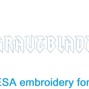 May include: A graphic design of the word "GRAVEBLADE" in a stylized, metal font. The font is outlined in a dotted line, suggesting an embroidery design. The text is in a blue color. The text "ESA embroidery font" is below the design.