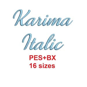 Może przedstawiać: Jasnoniebieski tekst na białym tle. Słowo "Karima" jest napisane kursywą nad słowem "Italic". Poniżej, tekst "PES+BX" i "16 sizes" są w kolorze czerwonym.