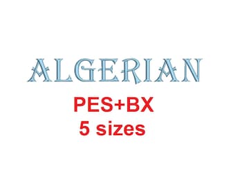 Algerian embroidery font formats bx (which converts to 17 machine formats), + pes, Sizes 0.25 (1/4), 0.50 (1/2), 1, 1.5 and 2"