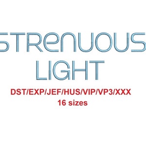 Könnte beinhalten: Ein blaues und weißes Stickmuster mit der Aufschrift "STRENUOUS LIGHT" und dem Text "DST/EXP/JEF/HUS/VIP/VP3/XXX 16 Größen" darunter.
