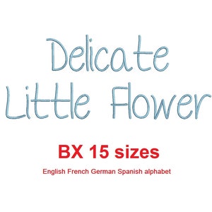 May include: Delicate Little Flower embroidery design in blue, available in 15 sizes. English, French, German, and Spanish alphabet included.  BX 15 sizes.
