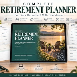 May include: A digital retirement planner displayed on a tablet screen, featuring a lake view cover image with the text Complete Retirement Planner. Surrounding the tablet are printed planning sheets, a notebook, and a mug with the text Retirement Looks Good On You.