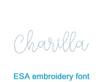 May include: The name "Charlla" written in a blue cursive font with a dotted outline. The text "ESA embroidery font" is written below the name.