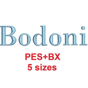 May include: Bodoni embroidery font in blue, available in five sizes. PES and BX file formats.
